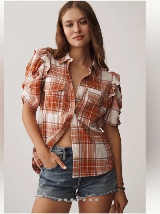 Pilcro Tops - Anthropologie Pilcro Ozzi Plaid Ruffle Sleeve Buttondown Shirt Sz Small